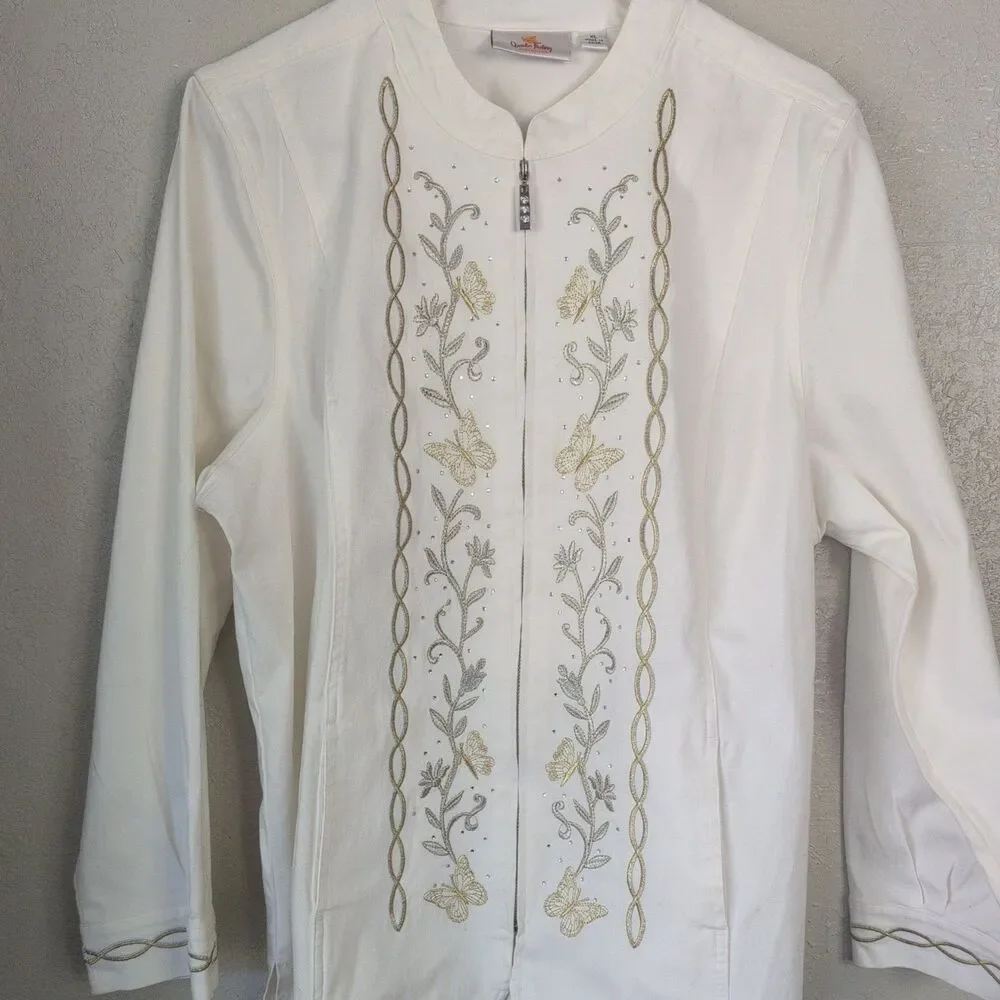 Embroidered Bead Denim Jacket XL White Gold Silver Butterfly Whimsy Boho Fairy